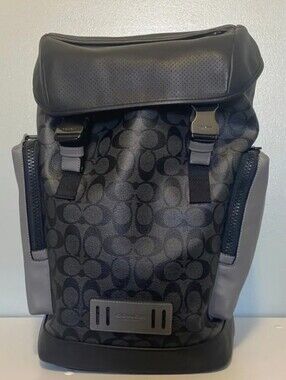 Coach Ranger Black and Gray Signature Canvas Roll-Top Backpack